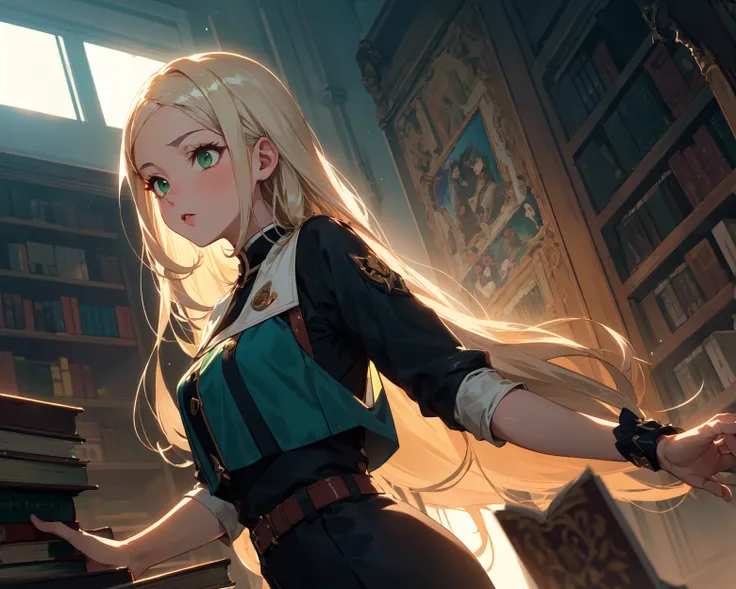 1girl, solo, (retro style:1.3), (dark academia atmosphere), library, lot of books, ray of light, white long hair, straight hair, loose hair, green eyes, (dark academia outfit:1.3), (Masterpiece:1.2), dynamic angle, best quality, absurdres. (shiny:1.2), (to...