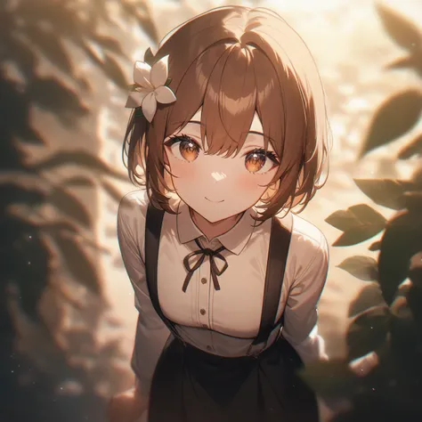 1girl, brown hair, short hair, white shirt, long sleeves, suspenders skirt, black skirt, looking at viewer, from above, flower, white flower, smile, leaf, waist up, closed mouth, sunlight, light particles, blurry, outdoors, plant, depth of field, chromatic...