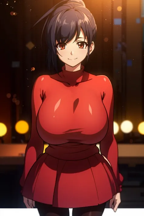 <lora:Nishio_Aya-08:0.7>
(( 1girl, black hair, brown eyes, medium hair, bangs, sidelocks, high ponytail, huge breasts, smile, happy, ))
(( red sweater, red skirt, pantyhose, standing, ))
(( simple background, bedroom, )) 
(( masterpiece, best quality, cine...