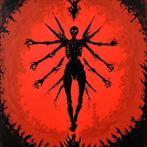 UltraAlbum, a ((black silhouette)) of a winged figure on ((red background)), centered, symmetrical, skeleton, grabbing hands