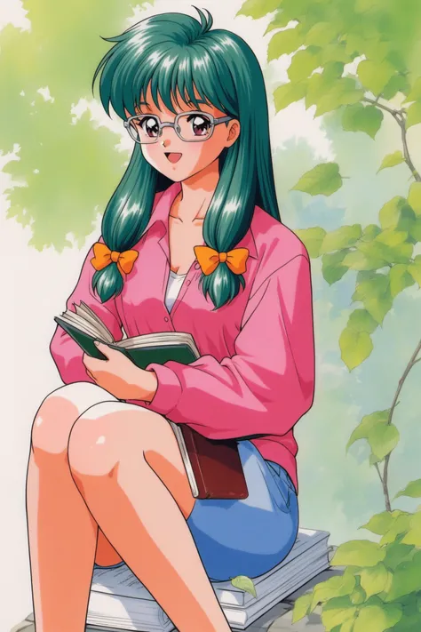 Mio Kisaragi,book,1girl,glasses,retro artstyle,1990s (style),low-tied long hair,sitting,open mouth,holding,long sleeves,holding book,smile,green hair,leaf,knee up,traditional media,<lora:Tokimeki Memorial_XL:0.8>,