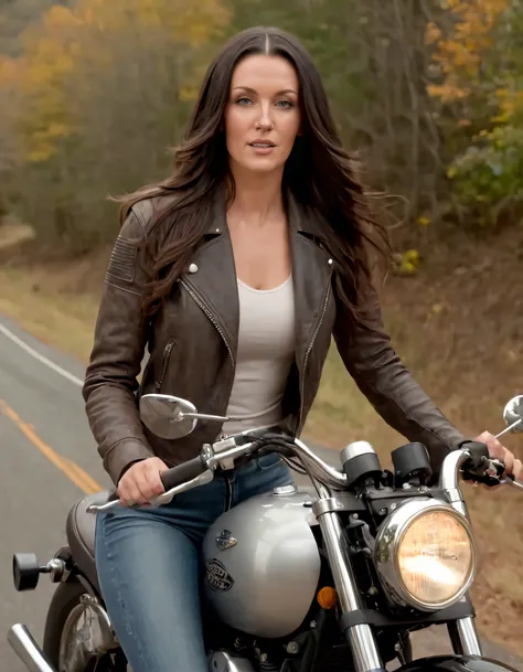 In the realistic scene, Courtney Ryan, a stunningly beautiful woman with cascading long hair, confidently donned her weathered yet elegant motorcycle jacket, symbolizing both strength and style as she gracefully rode through winding country roads on her cl...