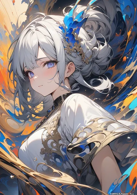 (masterpiece, top quality, best quality, official art, beautiful and aesthetic:1.2),(1girl,upper body:1.3),extreme detailed,(abstract art:1.2),colorful,highest detailed,black and gold,