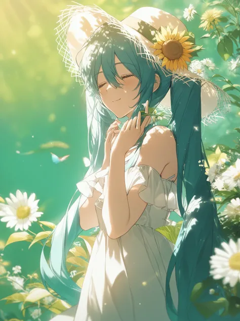 1girl, solo, long hair, hatsune miku, flower, dress, hat, closed eyes, holding, white dress, white flower, smile, twintails, sun hat, leaf, upper body, closed mouth, sunlight, jewelry, light particles, blurry, dappled sunlight, very long hair, aqua hair, h...