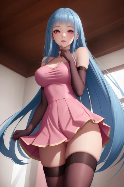 ((best quality)), absurdres, ((ultra high res)), perfect face, beautiful face, me!me!me!, pink dress, skirt, elbow gloves, thighhighs, blue hair, very long hair, indoors, perfect female body, looking at viewer, fancy lighting, perfect skin, clean skin, sof...