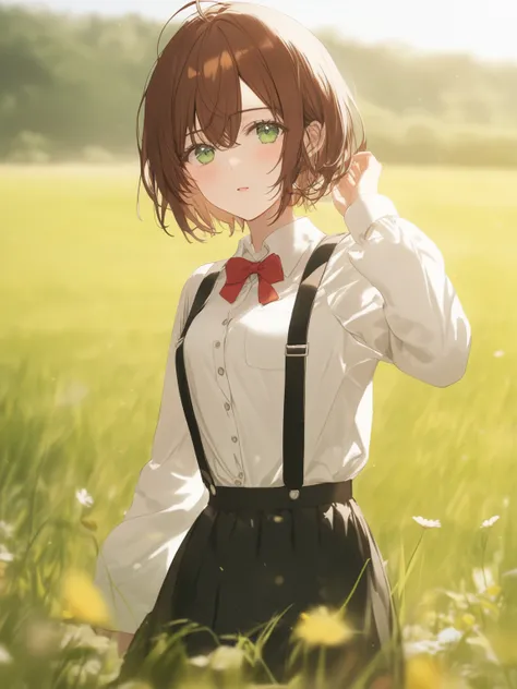 1girl, brown hair, short hair, white shirt, long sleeves, plain field, grass field, flower patch, standing, looking at viewer, green eyes, black skirt, suspenders skirt, red bowtie, high quality, masterpiece, recent, depth of field, blurry background, sky