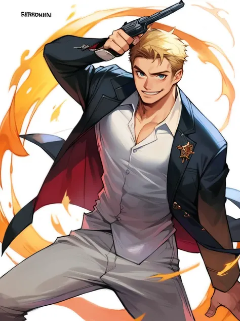 score_9, score_8_up, score_7_up, score_6_up, boy wearing elegant white suit, black jacket, cool, front, leaning forward, epic pose, muscular,  evil smile, looking at viewer, simple white background, cowboy shot, dynamic pose, splash art, concept art, cowbo...