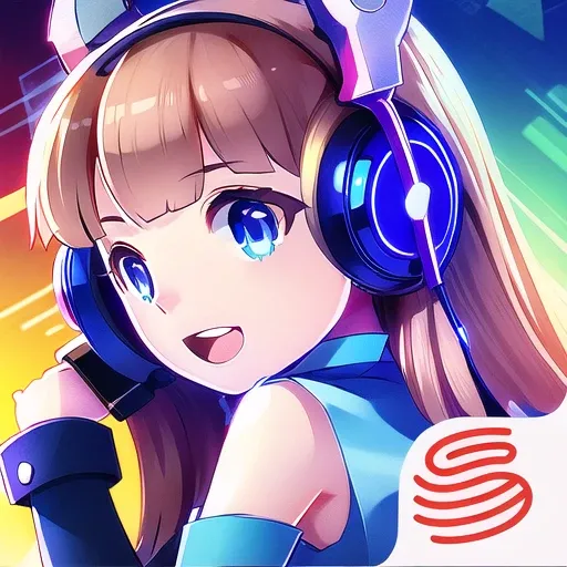 <lora:gmic_gameicon1-000014:1>,a girl with headphones on and a sound board in her hand and a sound board in her other hand, 1girl, bangs, bare shoulders, blue eyes, cat ear headphones, headphones, headset, long hair, looking at viewer, open mouth, sleevele...