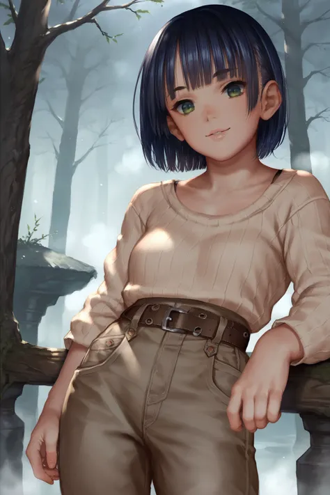 score_9, score_8_up, score_7_up, 1girl, seductive smile, head tilt, dark blue hair, heavy fringe, green eyes, light brown clothes, foggy atmosphere <lora:hado_PonyXL_style_v01:1>