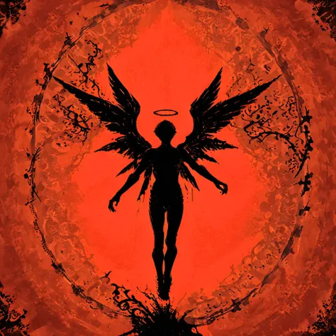 UltraAlbum, a ((black silhouette)) of a winged figure on ((red background)), centered, symmetrical, angel, 1boy,