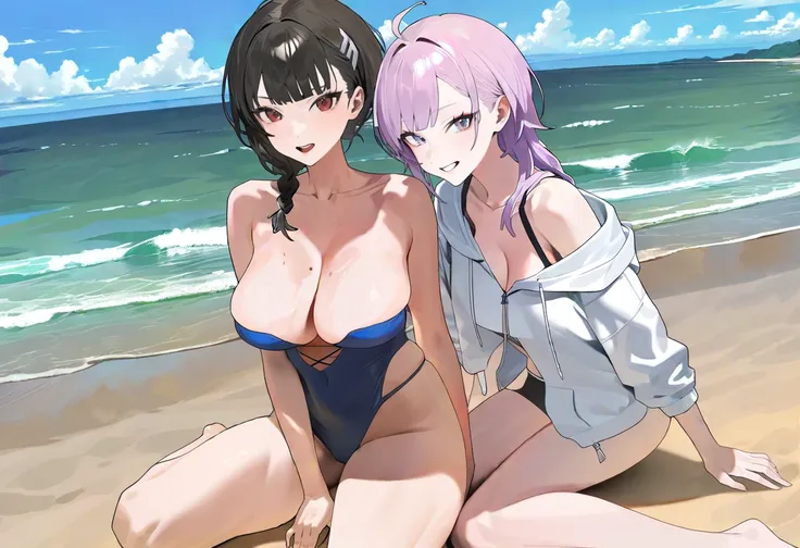 2girls at the beach, looking at viewer, clean color, detailed, beautiful, (amazing quality:1.5) <lora:Hood_Artstyle:1>