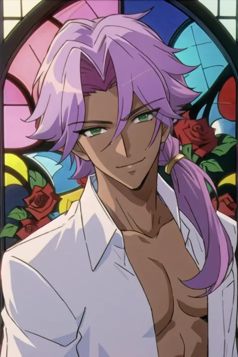 utenaki, (akio), solo adult male, dark skin, (long lilac hair), low ponytail, green eyes, sultry gaze, smirk, open shirt, smooth chest, <lora:utenaki1:1.0>, rose stained glass chapel