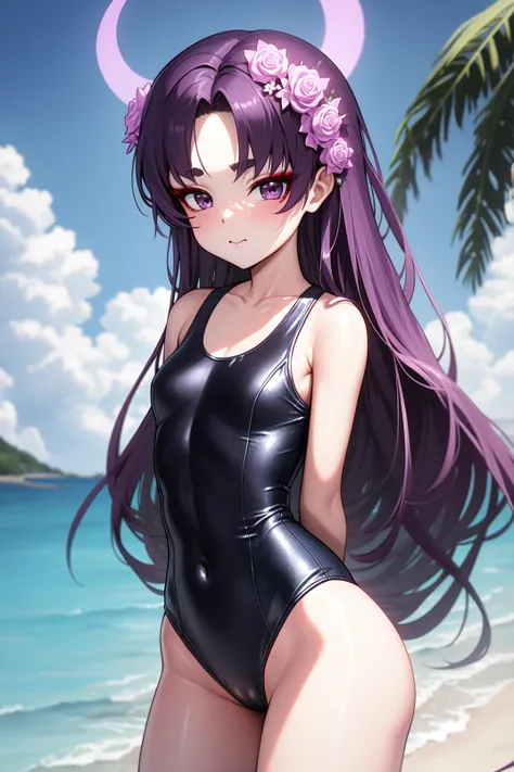 solo, masterpiece, best quality, outdoors, beach, yukari, purple eyes, red eyeshadow, thick eyebrow, purple hair, very long hair, parted bangs, pink flower, hair flower ornament, halo, one-piece swimsuit, standing, thighs, shy, shiny skin, looking at viewe...