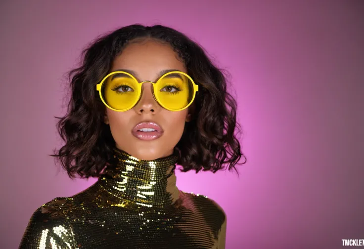 there is a woman wearing a black top and yellow glasses, high fashion modeling, reflective suit, african american young woman, crystal ruff, bright scene, black turtleneck, commercial photo shoot, oled visor for eyes, sequins, y2k, foxy, instagram model, d...