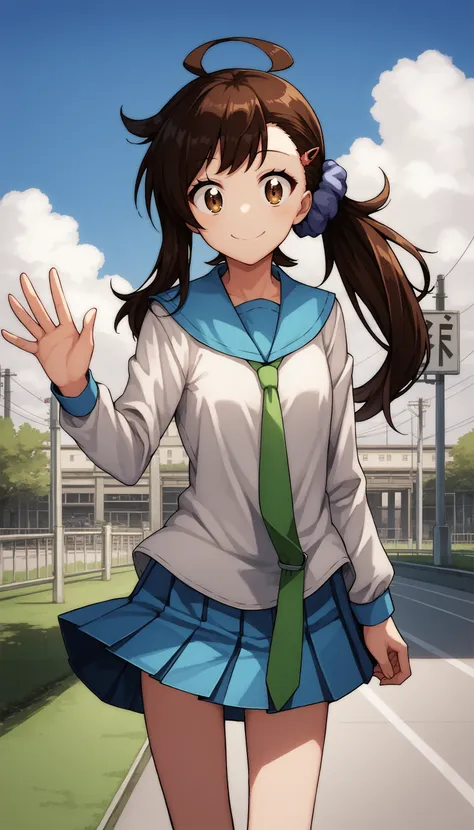 score_9, score_8_up, score_7_up, source_anime BREAK <lora:[P]Onodera Haru_v1:0.9>, deraharu, ahoge, side ponytail, hair scrunchie, hairclip, blue sailor collar, school uniform, white shirt, necktie, blue pleated skirt, city, cloudy sky, tree, park, cowboy ...