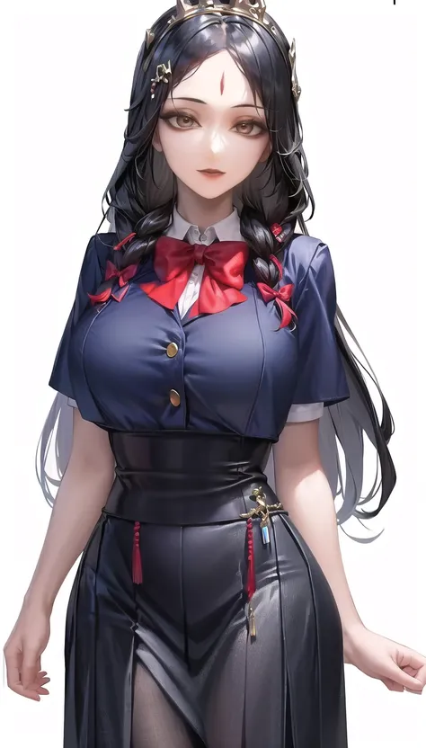 xu-hairstyle,forehead,hair ornament,
(school uniform:1.28),
lady,mature female, cowboy shot,
(white background, simple background:1.18),
highres,official art,original,masterpiece,best quality,
(large breasts),
<lora:xu3:1>