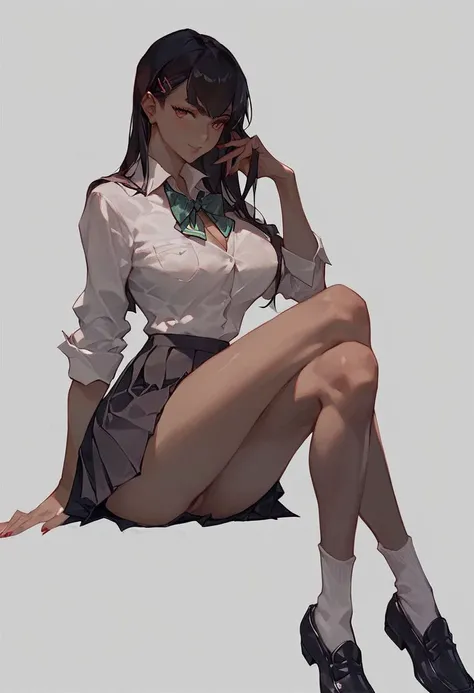 score_9, score_8_up, score_7_up, 1girl, solo, pretty face, posing naughty, school uniform, large breasts, beautiful legs, slender, silky skin, short skirt, white socks, black loafers, sits, source_anime, grey background,