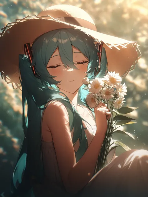 1girl, solo, long hair, hatsune miku, flower, dress, hat, closed eyes, holding, white dress, white flower, smile, twintails, sun hat, leaf, upper body, closed mouth, sunlight, jewelry, light particles, blurry, dappled sunlight, very long hair, aqua hair, h...