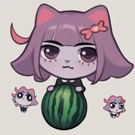 score_9, score_8_up, score_7_up, score_6_up, score_5_up, score_4_up, BREAK
chibi, sticker,
masunya, masyunya (vkontakte), masyunya /(vkontakte/), cat ears, purple skin color, hair bow,  holding watermelon, <lora:masunya-masyunya_ponyXL_v1:1>