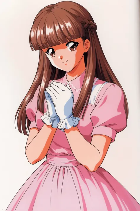 Megumi Mikihara,1girl,solo,gloves,retro artstyle,1990s (style),brown hair,long hair,dress,bangs,braid,brown eyes,white background,smile,blunt bangs,own hands together,white gloves,simple background,looking at viewer,short sleeves,pink dress,french braid,tr...