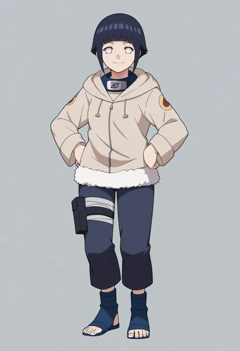 score_9, score_8_up, score_7_up, score_6_up, score_5_up, score_4_up, BREAK, source_anime,
1girl, hyuuga hinata, short hair, black hair, no pupils, blunt bangs, shiny hair, white eyes, hoodie, hood down, long sleeves, capri pants, fur trim, thigh holster,  ...