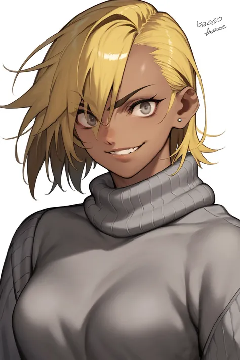 score_9, score_8_up, score_7_up, 1girl, rough female, brown skin, naughty smile, yellow hair, asymmetrical bangs, asymmetrical bangs, light grey eyes, medium breasts, dark grey sweater, day <lora:azusa_(hws)_PonyXL_style_v01:1>