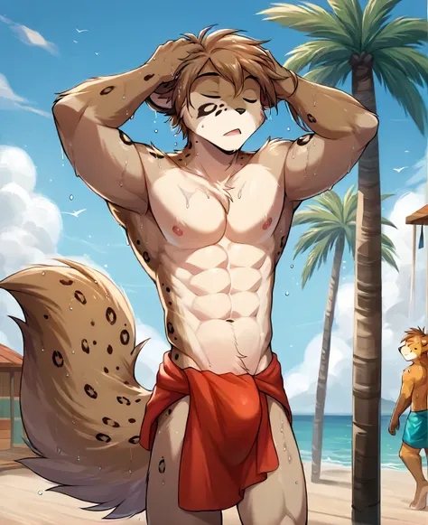 score_9, score_8_up, score_7_up, score_6_up,source_furry,rating_explicit, solo, solo focus, male, muscular, wet fur, wet hair, walking out of shower, towel around waist, (hands in hair:1.3), eyes closed, fluffy tail, beach hut, tropical, palm tree, <lora:K...