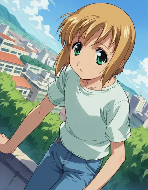 score_9, score_8_up, score_7_up, source_anime,
bokunopico, <lora:boku-no-pico-ponyxl-lora-nochekaiser:1>
pico, short hair, green eyes, blonde hair,
shirt, white shirt, pants,
outdoors, cityscape, bent over,
looking at viewer, dutch angle, cowboy shot,