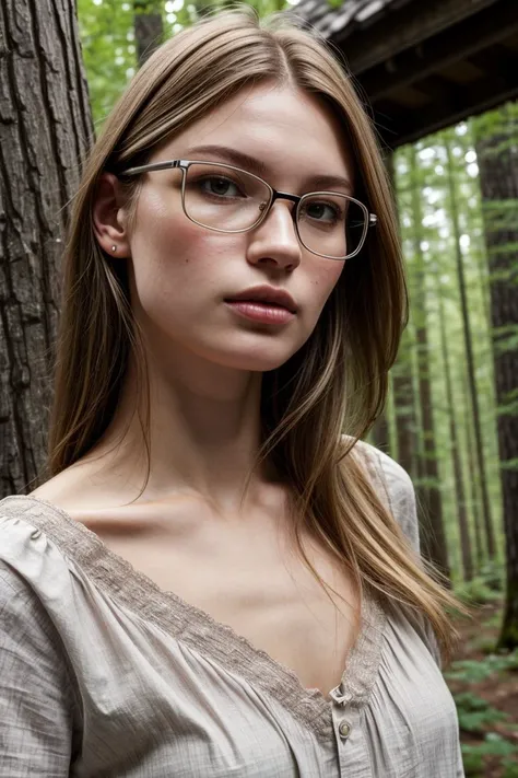 European woman, closeup, sandals, (shirt), pants, (cabin in the woods), ZM_vilde, wide shoulders, perfect face, (contact iris: 1.1), pale skin, skin pores , depth of field