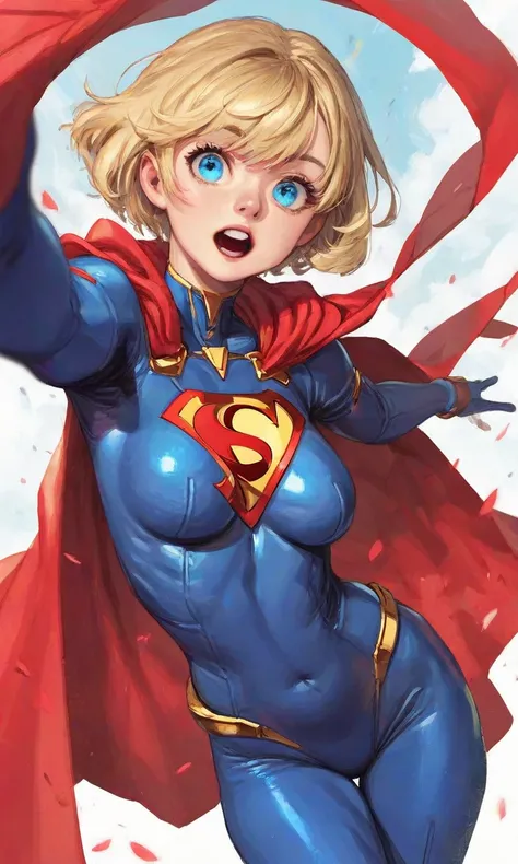 score_9_up, score_8_up, score_7_up, source_anime, masterpiece, perfectly detailed, detailed face, detailed eyes, beautiful eyes, CuteMaster_PS, 1girl, blue eyes, red cape, covered navel, blonde hair, open mouth, looking at viewer, superhero, short hair, ou...