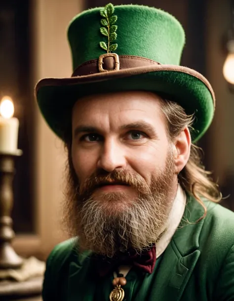 cinematic film still <lora:Ior Bock:0.6> (Ior Bock) with a beard as a short Leprechaun from the horror movie Leprechaun . shallow depth of field, vignette, highly detailed, high budget, bokeh, cinemascope, moody, epic, gorgeous, film grain, grainy