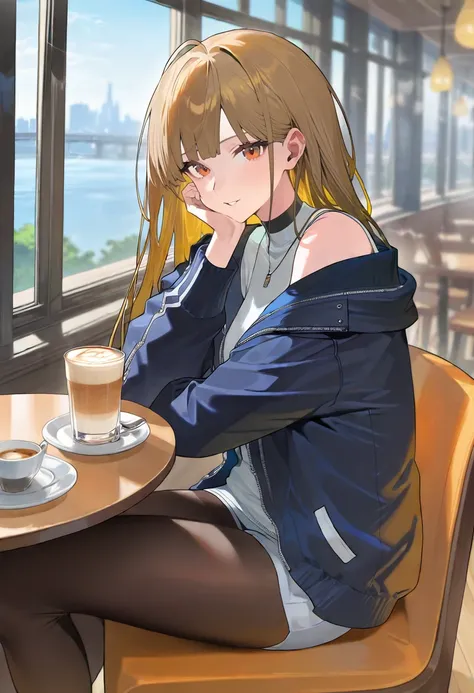 1girl sitting in a cafe, looking at viewer,  jacket, off shoulder, shorts, leggings, clean color, beautiful, beautiful background, (amazing quality:1.5) <lora:Hood_Artstyle:1>