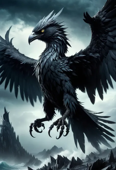 DonMB14ckR0ckXL, black rock, will-o-the-wisp, mix of human and bird features, humanoid upper body, sharp claws, feathery wings, powerful, birds beak, varied coloration,  distinctive and eerie screeching, stormy weather and winds, vengeance, punishment, wil...