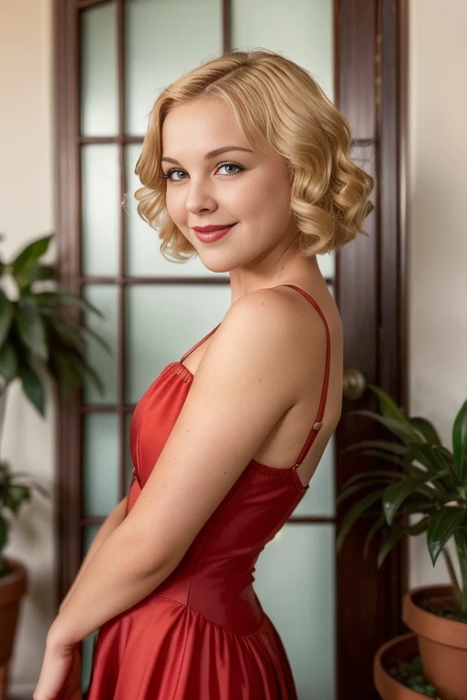 Ann0ndBWTTXV1D,
a beautiful smiling blonde woman posing for masterpiece photo in a red dress standing in front of a door with a potted plant in the foreground, (1930s ambience:1.2), (blonde hair), (30s hairstyle), (big smile),
(professional photo shooting)...