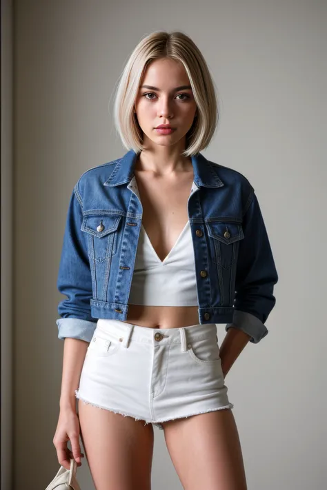 high fashion photography photo of a woman, (skinny body), (uncomfortable face expression), platinum hair, cropped denim jacket with a floral mini skirt, group profile, under soft diffused lighting, slightly above, shot on a Hasselblad X1D II