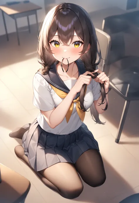 tying hair / adjusting hair / 編みかけ