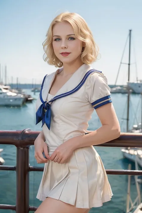 Ann0ndBWTTXV1D,
a beautiful smiling blonde woman posing for masterpiece photo in a sailor outfit, (harbor ambience:1.3), (1930s sailor uniform:1.2),
(professional photo shooting), (high buget photo), (extremely detailed skin), (flawless skin), (model pose)...