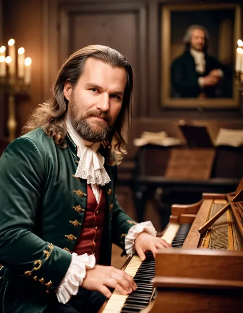 cinematic film still <lora:Ior Bock:0.6> (Ior Bock) with a beard playing a harpsichord and dressed as Johann Sebastian Bach . shallow depth of field, vignette, highly detailed, high budget, bokeh, cinemascope, moody, epic, gorgeous, film grain, grainy