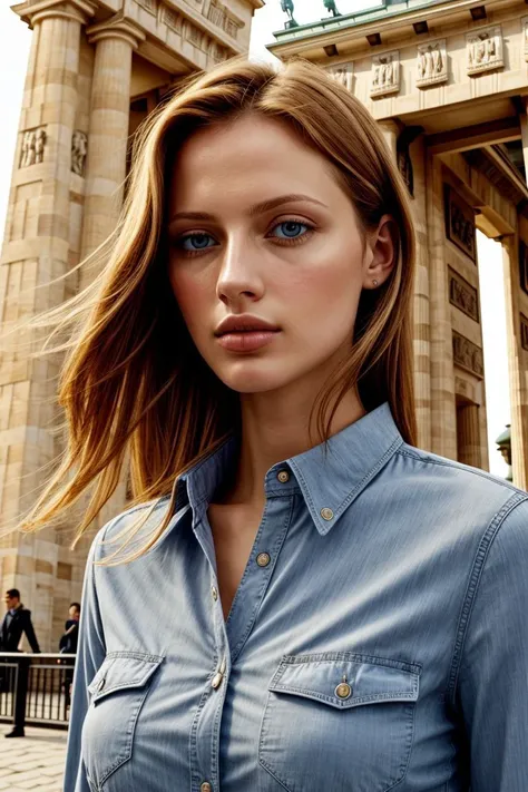 European woman, closeup, sandals, (shirt), pants, (brandenburg gate), ZM_delphine, wide shoulders, perfect face, (contact iris: 1.1), pale skin, skin pores , depth of field