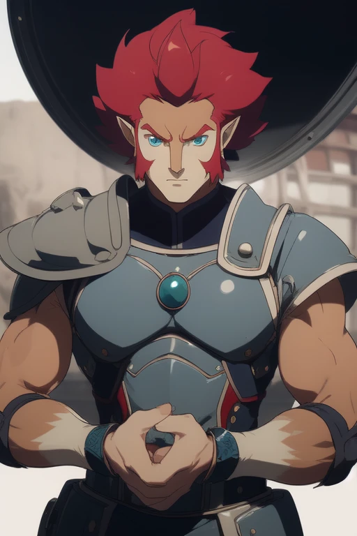 Thundercats, lion o, lion-o, best quality image, cat man, fantasy, red hair, face markings, Thundercats 2011, light armor, claws on hands, lion fur, sci-fi, tan skin, tan fur, sword, blue eyes, cat pupils,