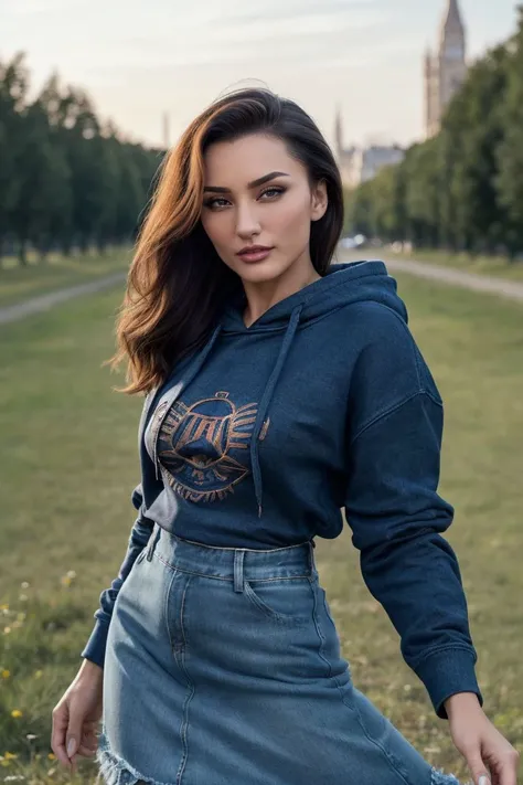 photo of S363_TatianaNeva,a stylish woman,on a (field:1.1),wearing a (ripped-hoodie:1.1),(denim-skirt),(4k, RAW photo, best quality, 35mm, depth of field, ultra high res:1.1),(intricate, photorealistic, cinematic-shot, masterpiece, ultra-detailed:1.1),