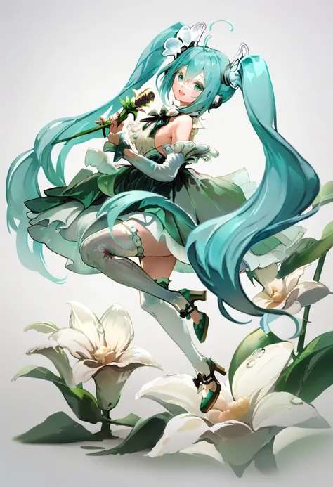 score_9, score_8_up, score_7_up, score_6_up, <lora:anmiXL_P6_lokr_V2233:0.95> 1girl, solo, hatsune miku, long hair, twintails, thighhighs, flower, very long hair, microphone, high heels, holding, white background, full body, white thighhighs, white flower,...