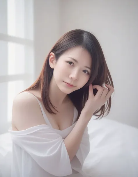 a close up of a woman sitting on a bed with a white sheet