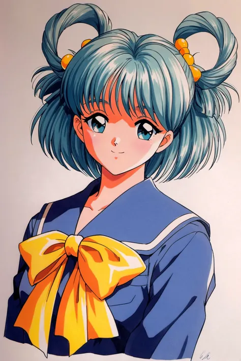 Tatebayashi Miharu,1girl,solo,hair rings,school uniform,retro artstyle,smile,hair ornament,1990s (style),short hair,serafuku,sailor collar,looking at viewer,blue sailor collar,yellow bow,bow,upper body,aqua hair,long sleeves,aqua eyes,traditional media,<lo...