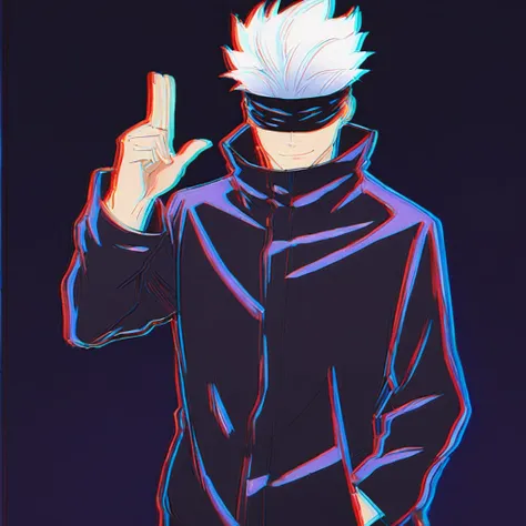 score_9, score_8_up, score_7_up,
SatoruGojo, solo, smile, short hair, long sleeves, 1boy, closed mouth, standing, jacket, male focus, cowboy shot, pants, hand up, black pants, black background, facing viewer, hand in pocket, high collar, blindfold, chromat...