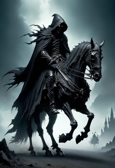 DonMB14ckR0ckXL, black rock, dullahan, headless humanoid figure, carries head in one hand, neck stump, dark shadowy hooded attire, riding a horse or carriage, whip made from human spine, harbinger of death, mournful expression mysterious foreboding aura , ...