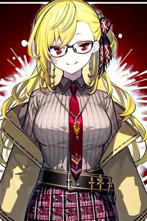 1girl, solo, long hair, smile, skirt, blonde hair, shirt, red eyes, long sleeves, jewelry, necktie, glasses, collared shirt, belt, necklace, red skirt, red necktie, grey shirt, bespectacled, straight-on