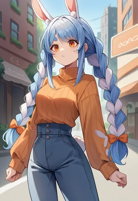 score_9, score_8_up, source_anime, 1girl, solo, UsadaPekora, orange eyes, thick eyebrows, rabbit ears, two-tone hair, blue hair, white hair, long hair, twin braids, sweater, ribbed sweater, long sleeves, high-waist pants, outdoors, city, <lora:ChamUsadaPek...