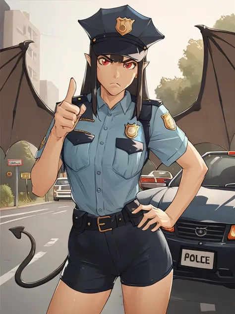 <lora:Eva_MGQ-PonyXL-1024px:0.6>
 score_5_up, score_6_up, score_7_up,  score_8_up,  score_9_up,
1girl, solo, mgqeva, standing, hand on hip, pointing at viewer, wearing (police uniform, shorts, cop hat),  demon wings, demon tail, outdoors, traffic, cars, an...