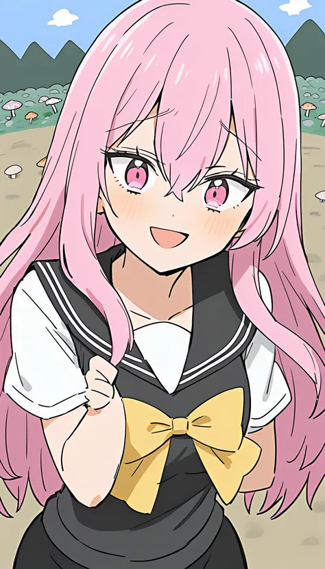 masterpice, best quality,nsjn,1girl,solo,long hair,bangs,shirt,happy expression,hair ornament,bow,hair between eyes,collarbone,white shirt,pink hair,short sleeves,pink eyes,sailor collar,yellow bow, art by donguri_suzume and sano_toshihidesweater vest,blac...